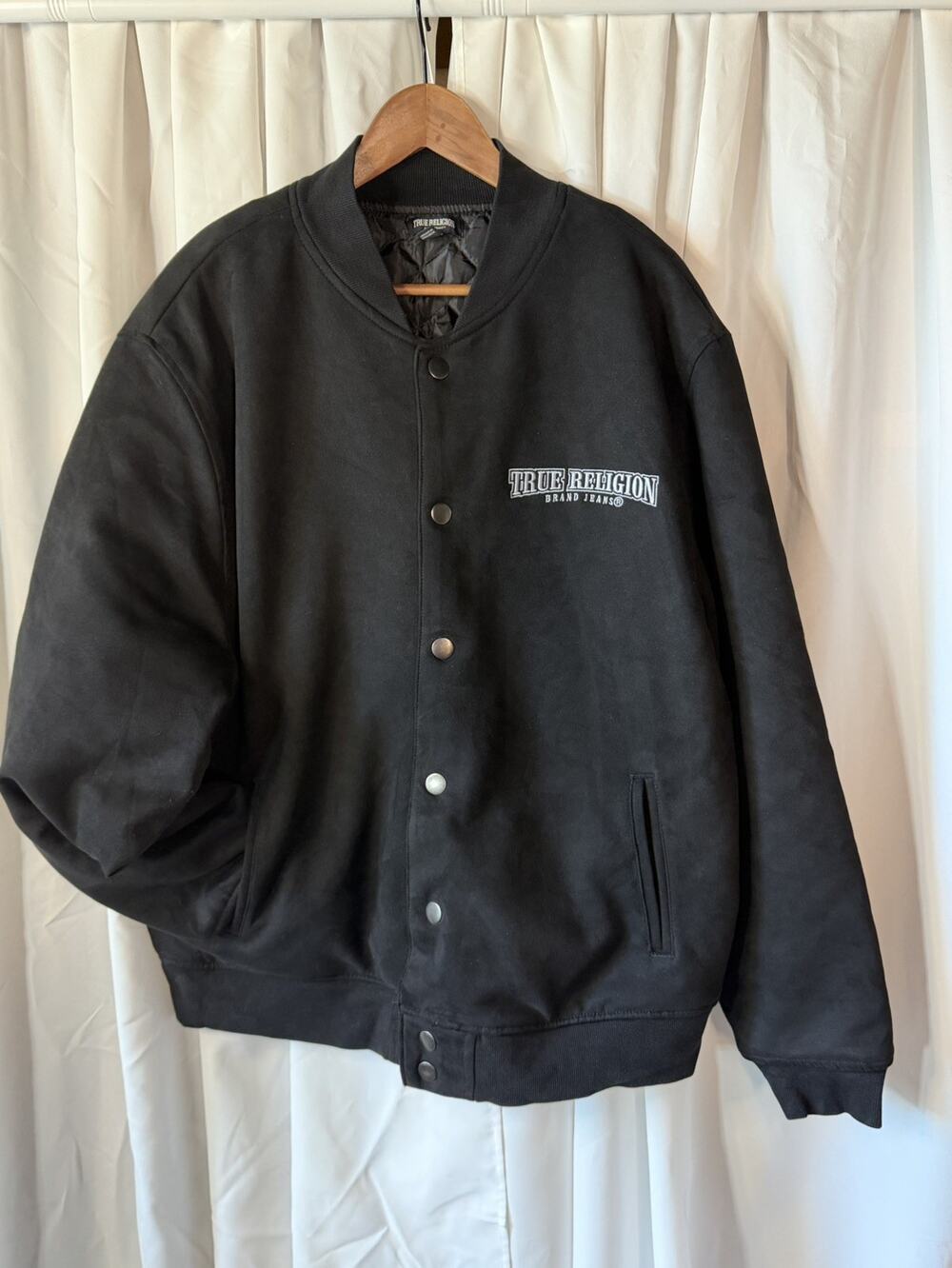 True Religion Men's Black Faux Suede Bomber Jacket Size L Quilted Varsity